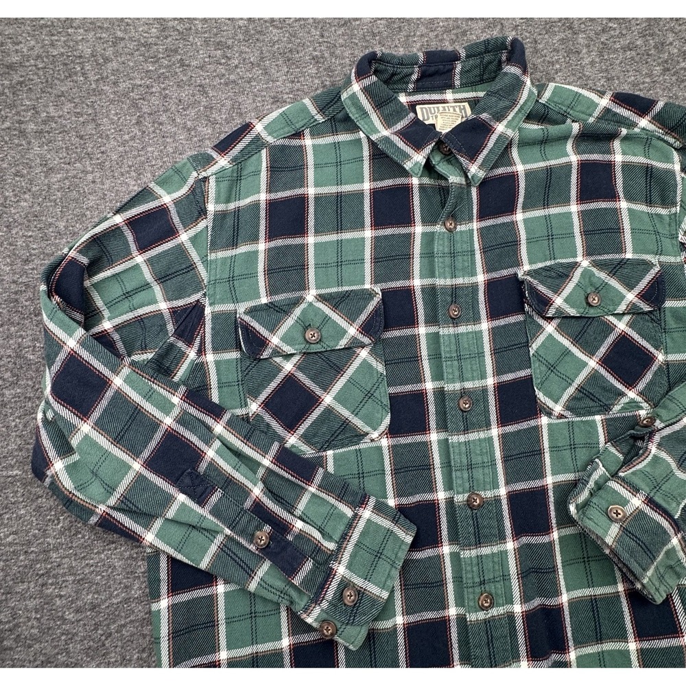 Duluth Trading Co Burlyweight Flannel Shirt Men's Sz Large Tall LT Green Blue